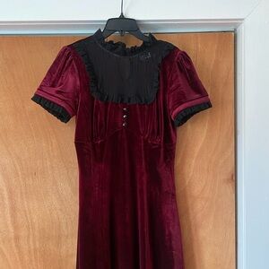 Velvet Burgundy Dress with Black Accents